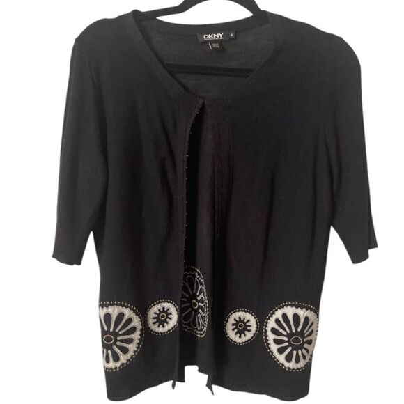 DKNY Black Silk Short Sleeve‎ Knit Cardigan with Appliqué - Picture 1 of 8